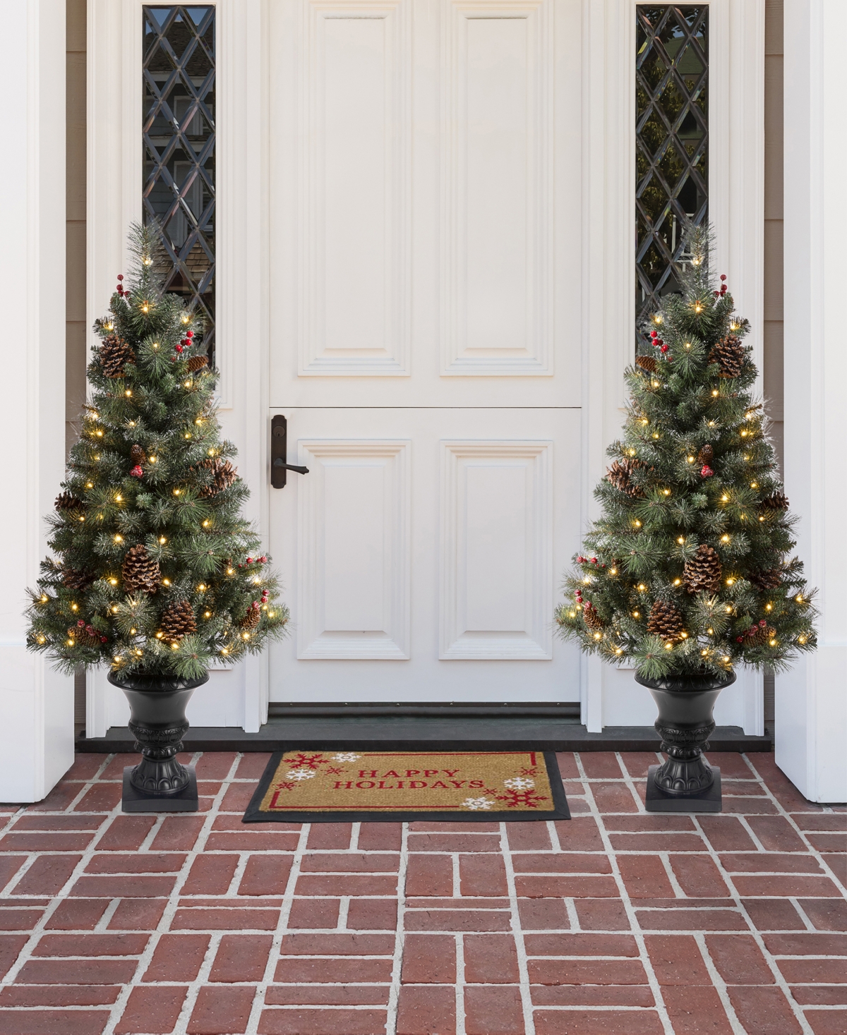 Glitzhome Flocked Christmas Tree with 100 Warm White Light, Pinecone and Berries Set of 2