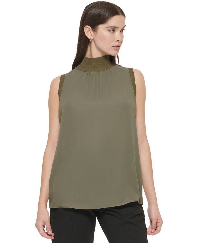 Vivo Thando Mock Neck Sleeveless Top - Light Taupe Print