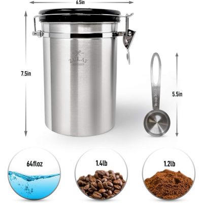 Coffee Storage Canister with Scoop, Date Tracker, Built-In One-Way CO2 Valve & 2 Spare Filter Replacements