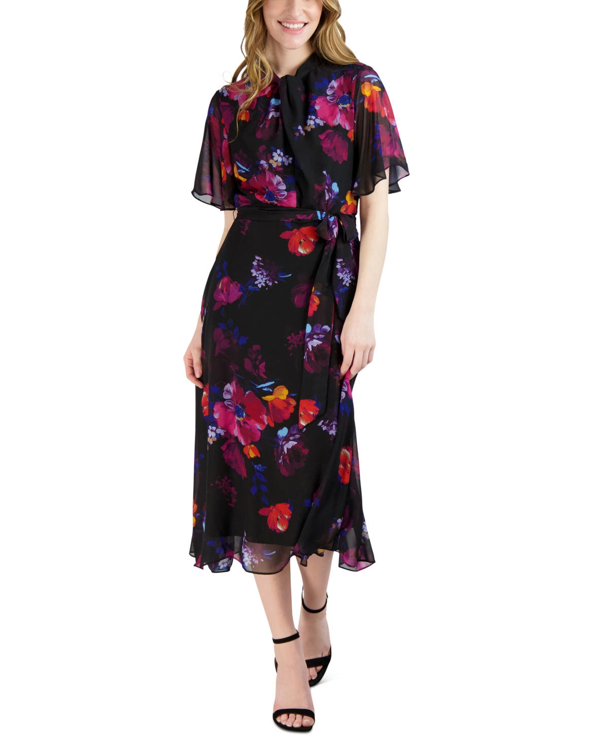 Donna Ricco Women's Floral-Print Belted Flutter-Sleeve Dress