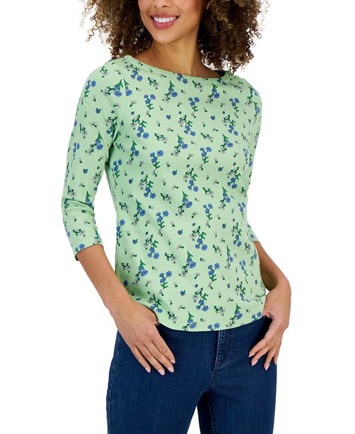 Charter Club Petite Harmony Floral Boat-Neck Button-Trim Top, Created ...