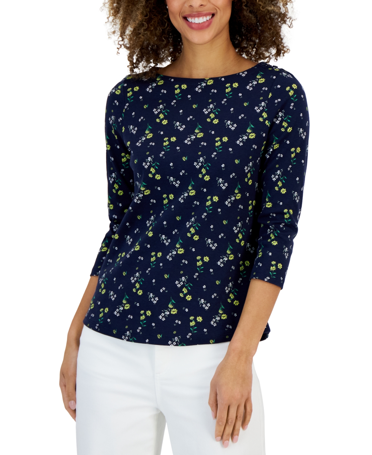 Charter Club Women\'s | Floral Smart Macy\'s for Created Closet Boat-Neck 3/4-Sleeve Top