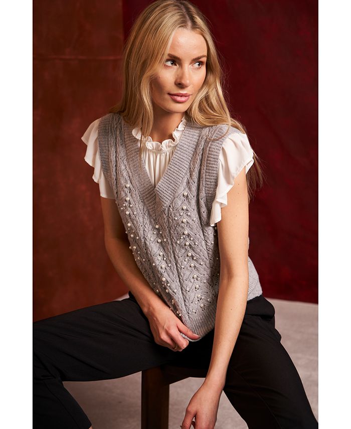CeCe Women's V-Neck Imitation Pearl Detail Cable Vest - Macy's