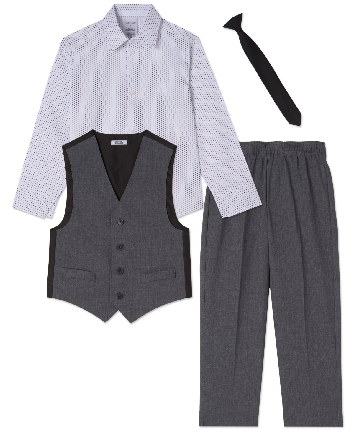Calvin Klein Little Boys Bi-stretch Vest, Pants, Shirt And Tie, 4-piece Set In Oxford Gray Heather