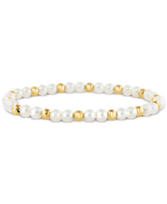 EFFY Collection - Cultured Freshwater Pearl (4 mm) & Polished Bead Stretch Bracelet in Gold-Plated Sterling Silver