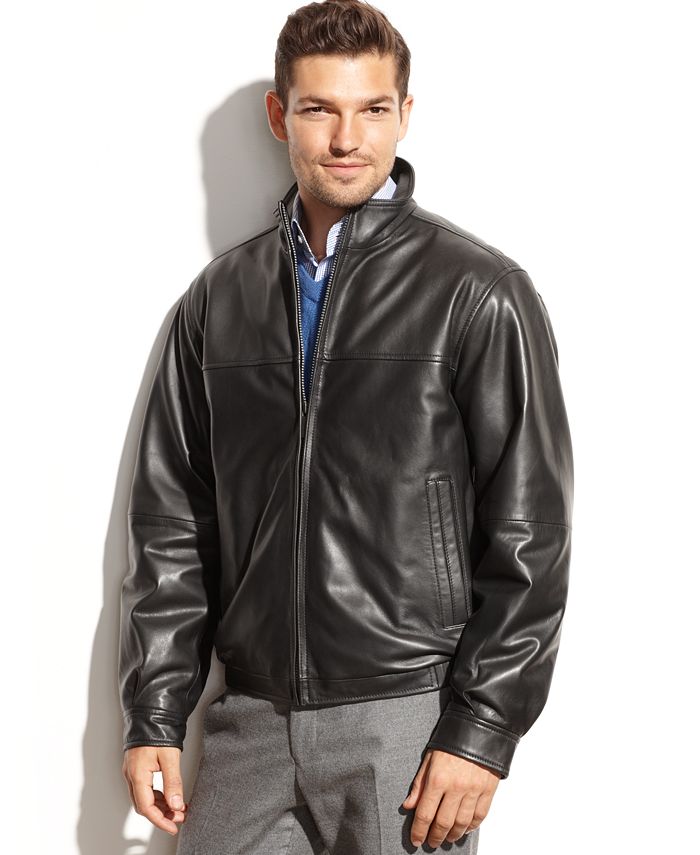 Perry Ellis Smooth Leather Bomber Jacket - Macy's