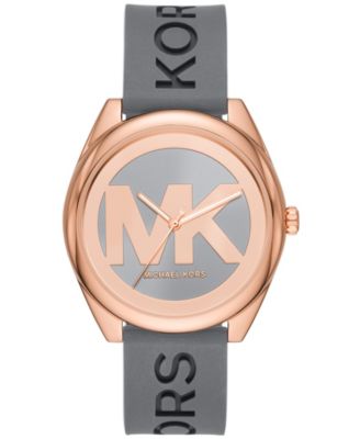 Michael Kors fashion Janelle Three Hand Rose Gold Navy Silicone Watch New