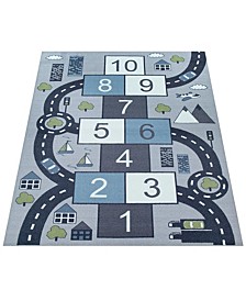 Play Mat Lino For Kids Room Hopscotch Streets Motive In Blue In Grey - 47'' X 63''