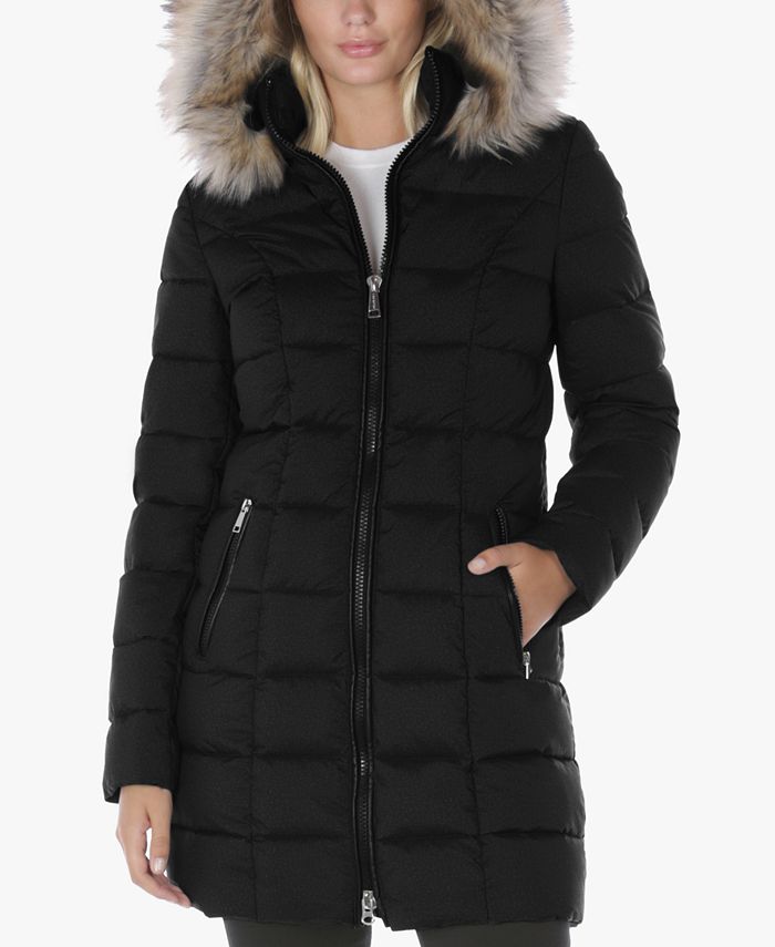 Laundry By Shelli Segal Women's Faux Fur Trim Hooded Puffer Coat Black Size Small
