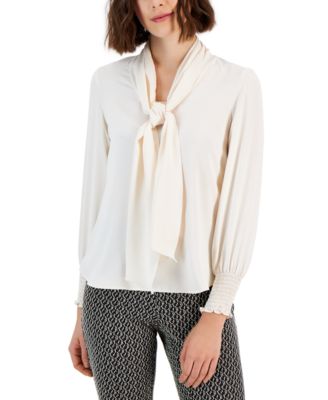 Anne Klein - Women's Smocked-Cuff Tie-Neck Blouse