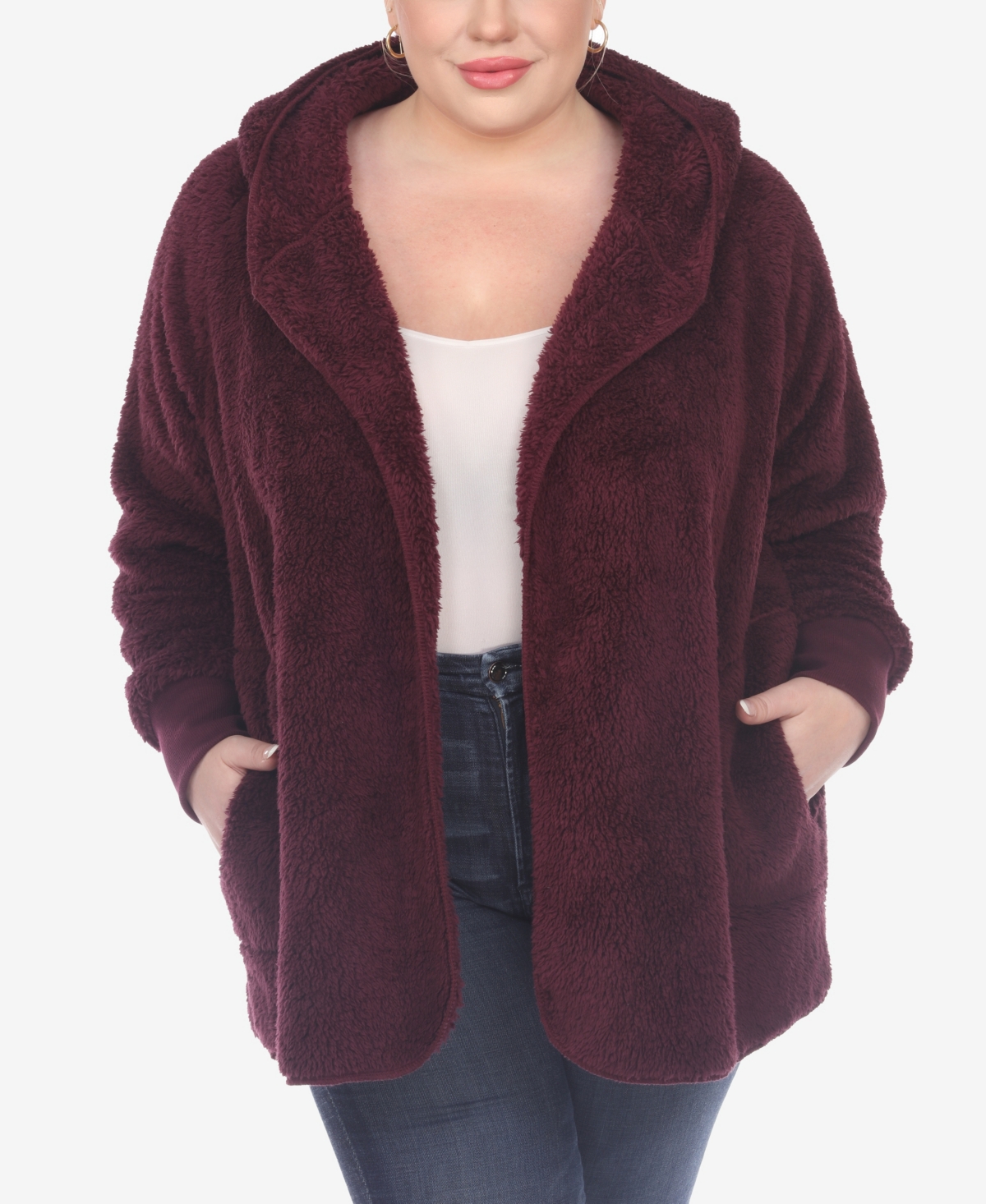 Plus Size Plush Hooded Cardigan Jacket with Pockets - Gray