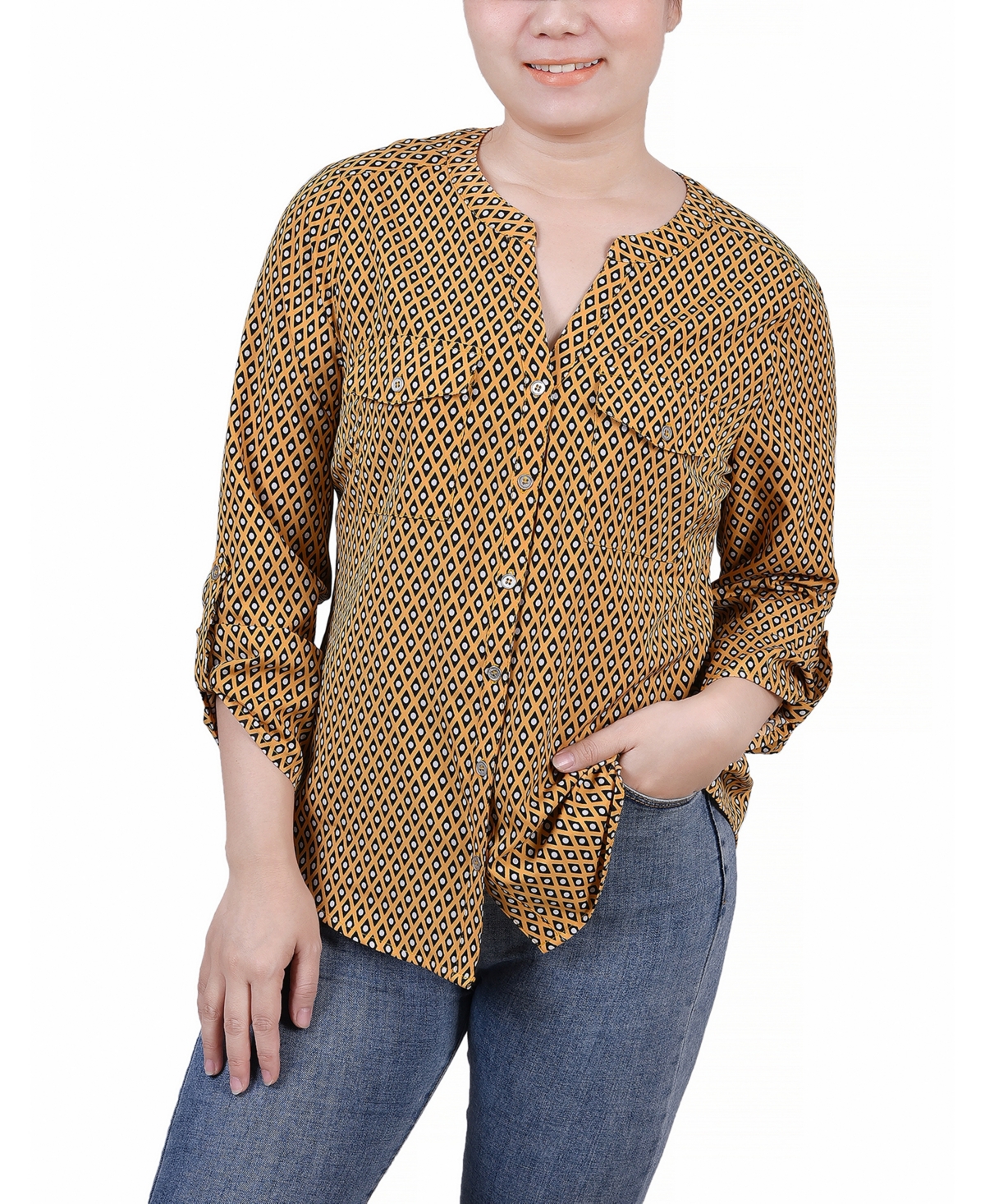 Petite 3/4 Sleeve Roll Tab Y Neck Blouse - Black White Abstract