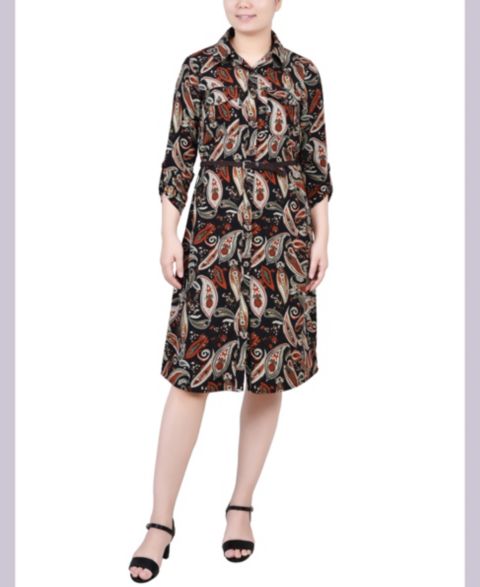Женское платье NY Collection Petite 3/4 Roll Tab Sleeve Shirtdress, цвет: Чёрный
