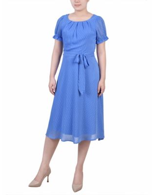 Women's Short Sleeve Belted Swiss Dot Dress
