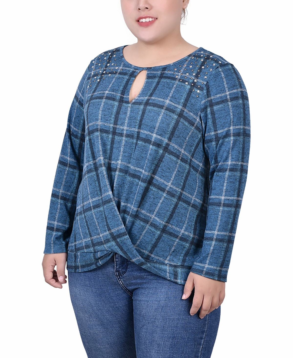 Ny Collection Plus Size Long Sleeve Knit Keyhole Top With Studs In Denim Plaid
