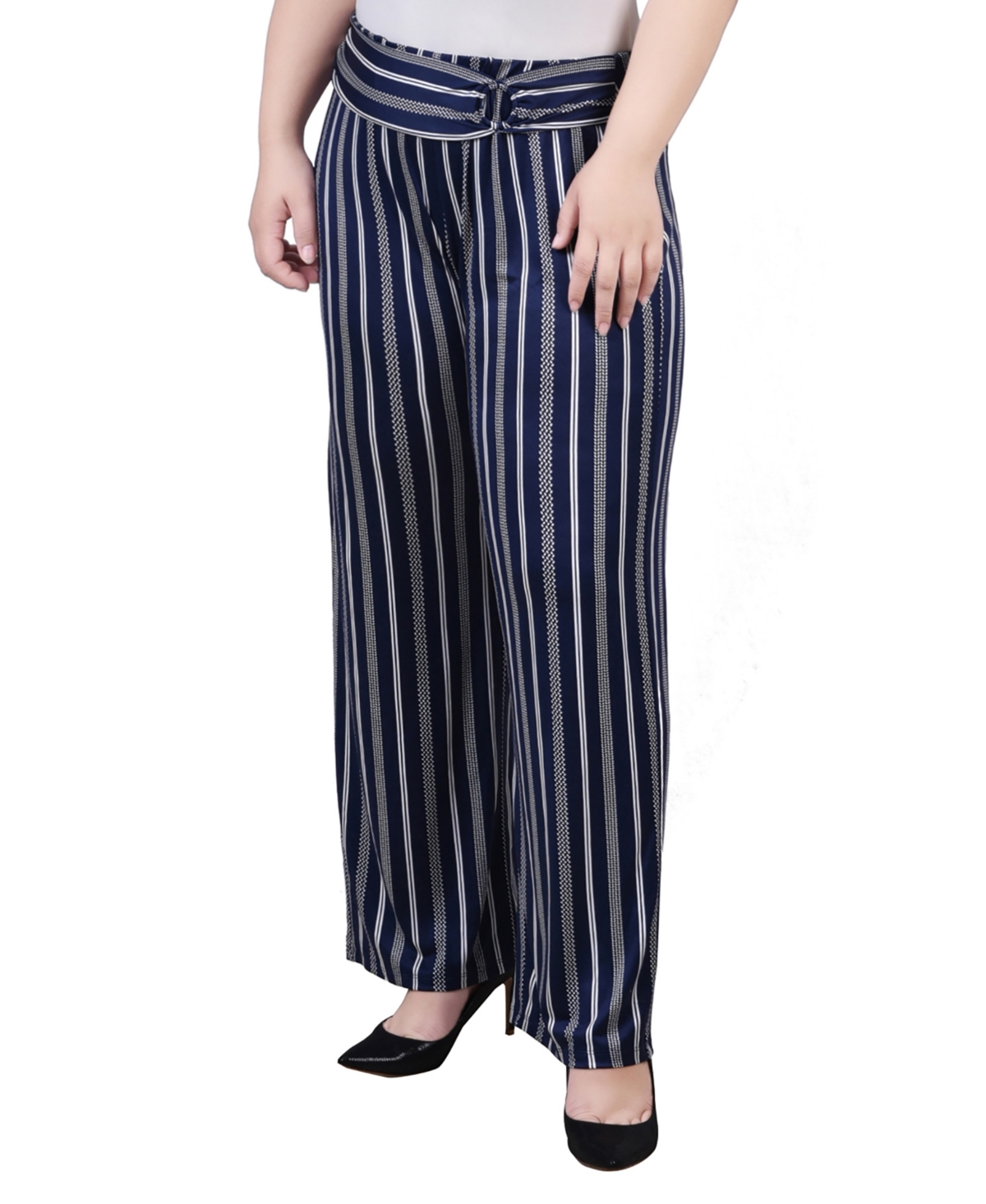 Ny Collection Plus Size Cropped Pull On Pants With Faux Belt In Navy Geo Stripe