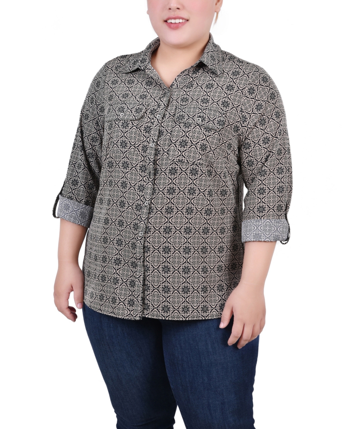 NY COLLECTION PLUS SIZE 3/4 SLEEVE ROLL TAB NOTCH COLLAR BLOUSE 