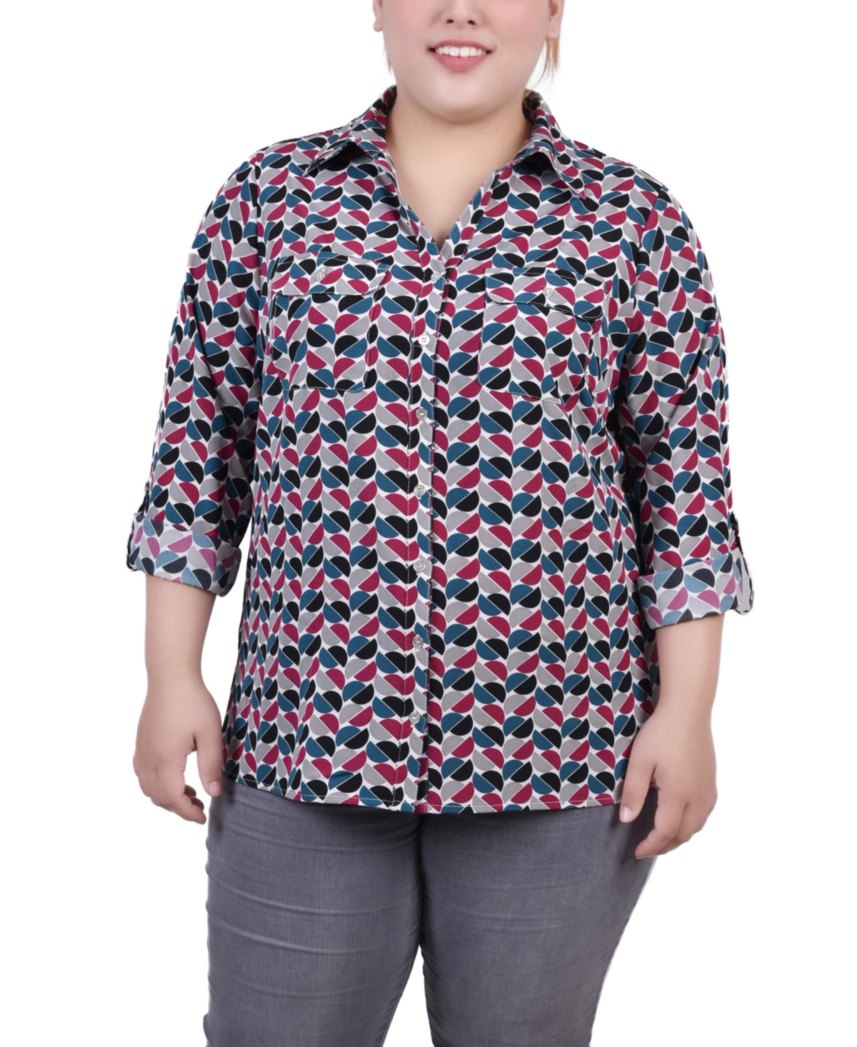 NY COLLECTION PLUS SIZE 3/4 SLEEVE ROLL TAB NOTCH COLLAR BLOUSE