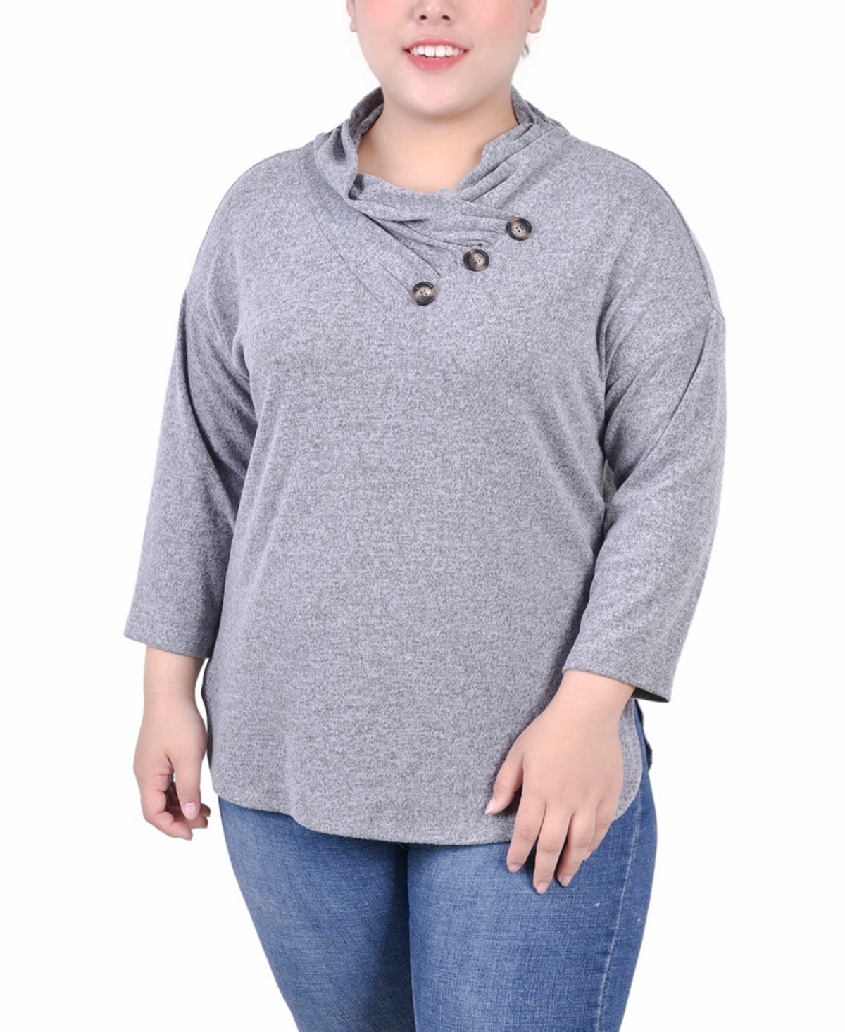 Ny Collection Plus Size 3/4 Sleeve Crossover Cowl Neck Top In Light Charcoal