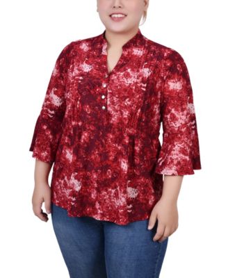 Plus Size 3/4 Sleeve Overlapped Bell Sleeve Y-Neck Top