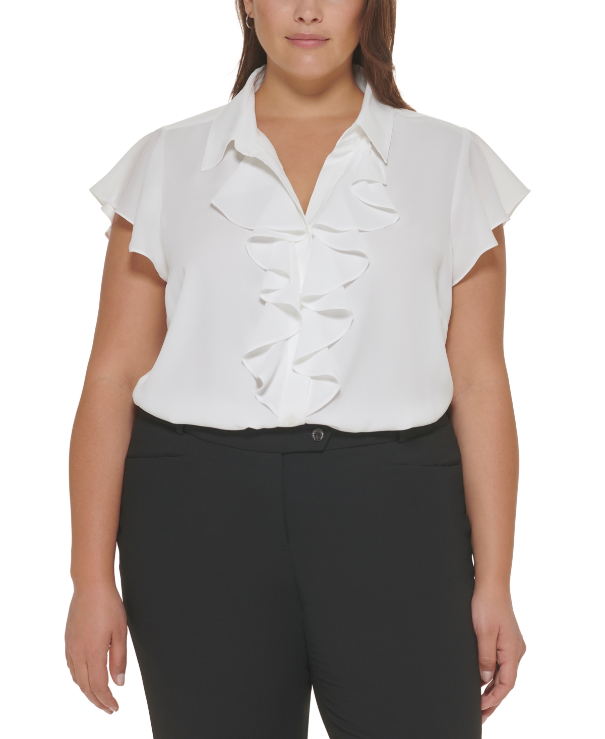 Calvin Klein Plus Size Solid Ruffled Flutter-Sleeve Blouse