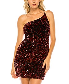 Juniors' Bungee-Strap One-Shoulder Sequinned Bodycon Dress