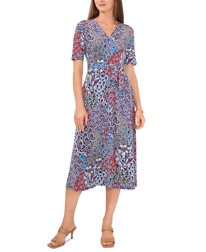 MSK Women's Lisa VNeck Printed Jersey Belted Dress Macy's