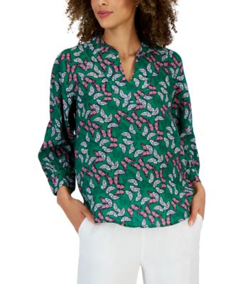 Charter Club - Women's Linen Printed Split-Neck Top