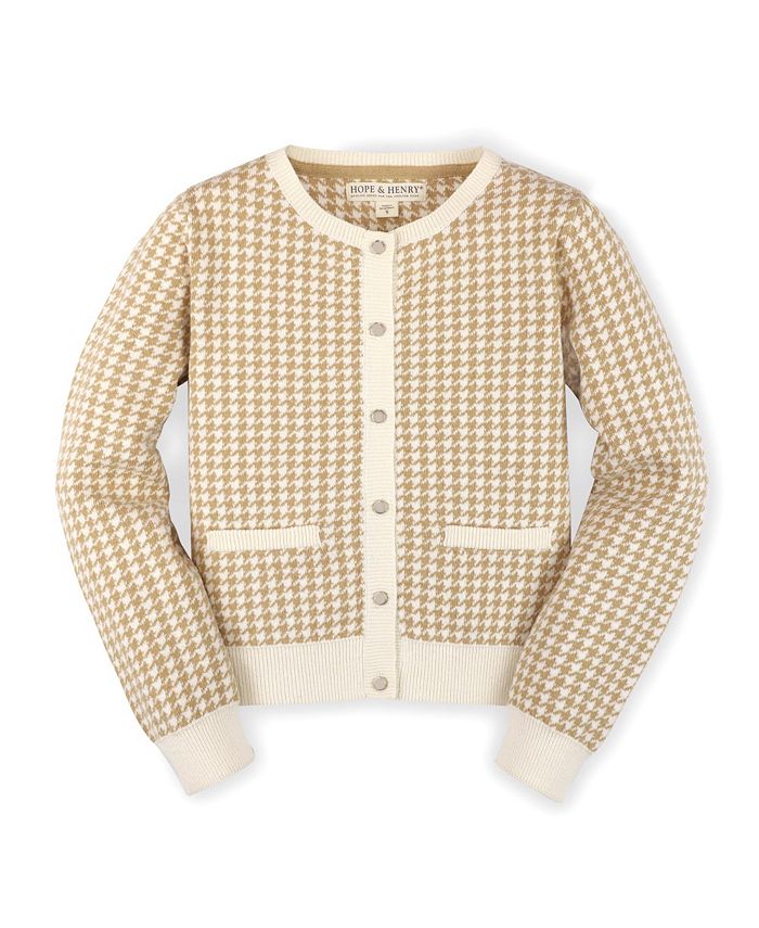 Hope & Henry Girls' Long Sleeve Classic Houndstooth Cardigan Sweater