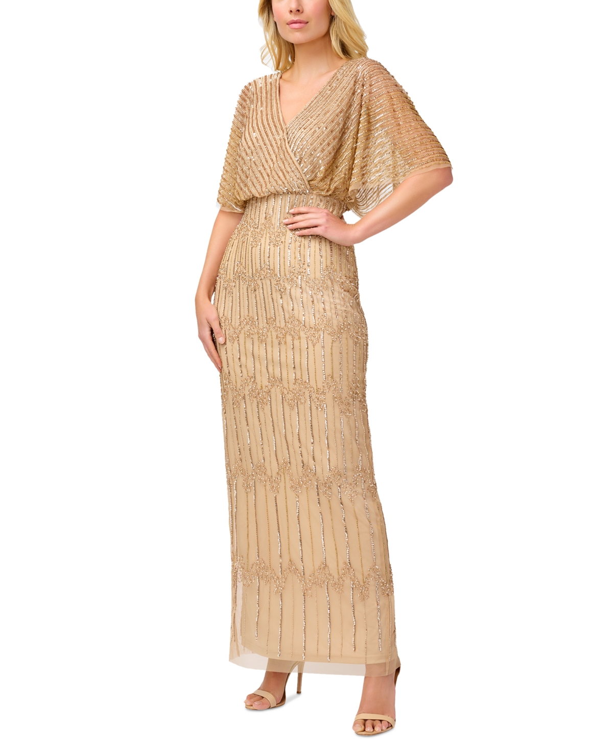 Adrianna Papell Women's Beaded Flutter-sleeve Blouson Gown In Champagne Gold