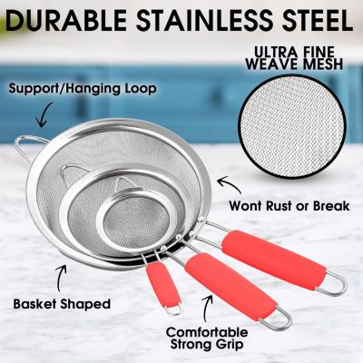 Set of 3 Premium Stainless Steel Fine Mesh Strainer with Non-Slip Handles