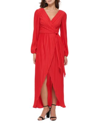 GUESS Women s Pleated Woven Faux Wrap V Neck Maxi Dress Macy s