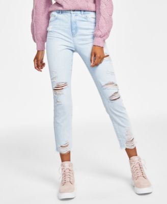 mom jeans with frayed hem