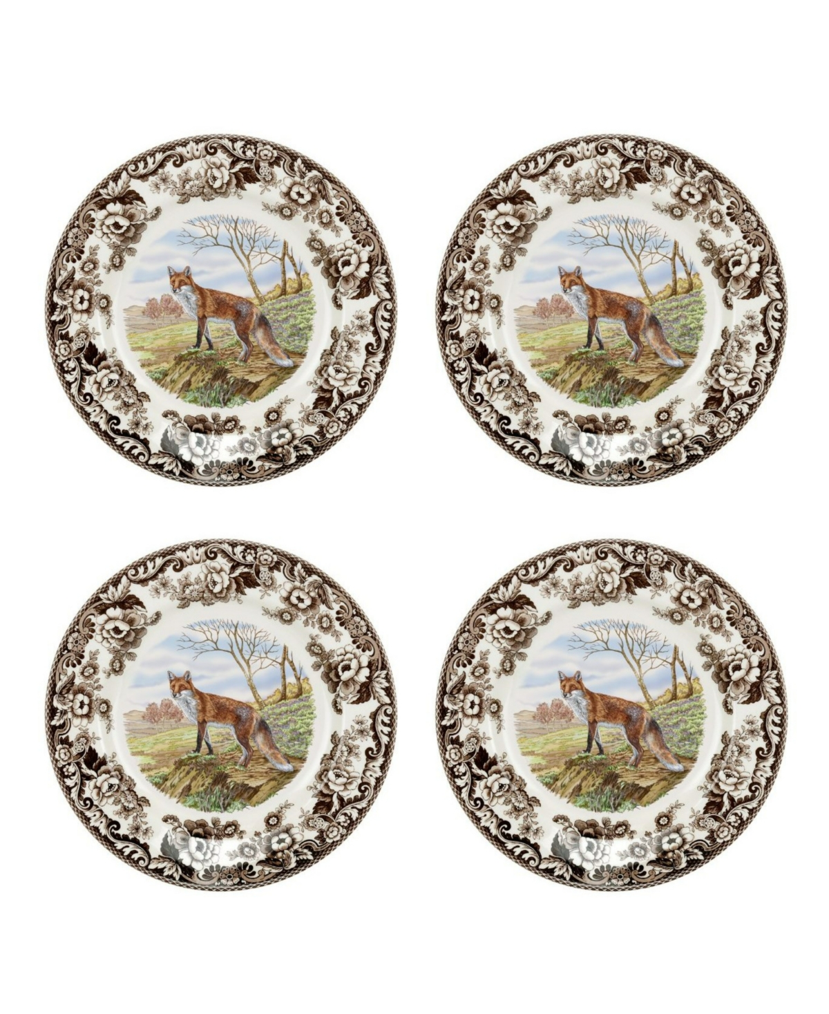 Woodland Red Fox 4 Piece Dinner Plates, Service for 4 - Brown