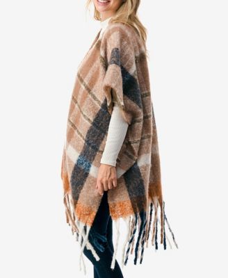 Women's Plaid Poncho with Fringe Detail