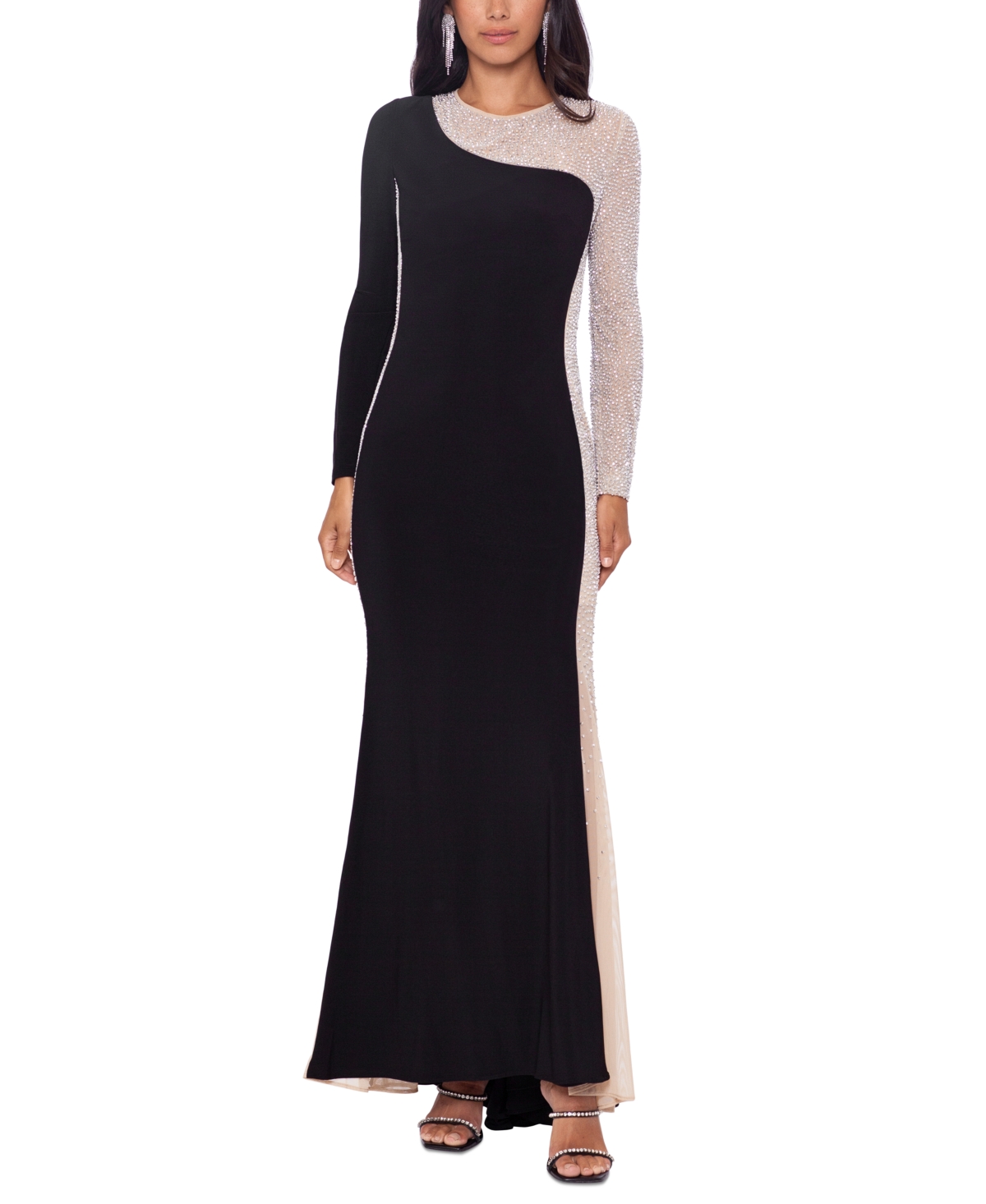 Women's Two-Tone Long-Sleeve Jersey-Knit Gown - Black Nude Silver