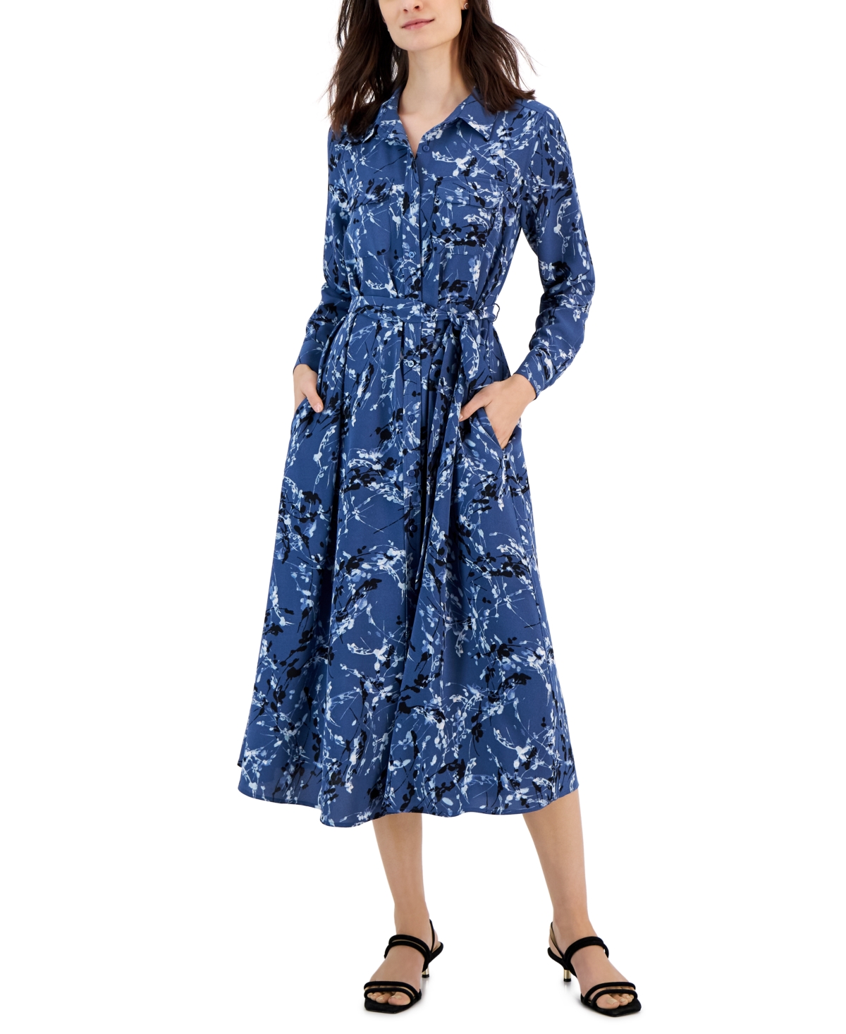 Alfani Women's Printed Belted Shirtdress, Created For Macy's In Blue Abstract Floral