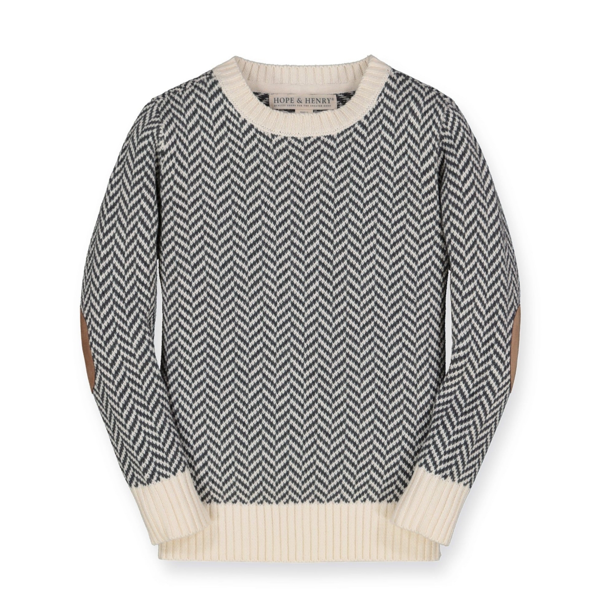 Hope & Henry Boys Organic Crewneck Pullover Sweater with Elbow Patches - Charcoal and Ivory Herringbone