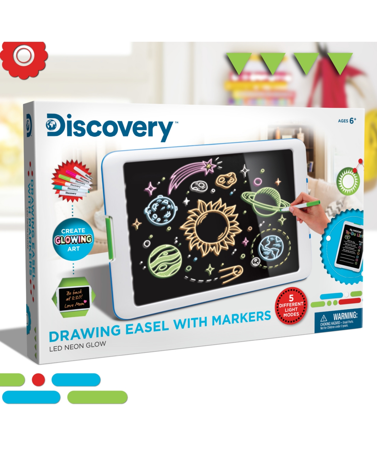 Discovery Neon Glow Drawing Easel W/ 6 Color Marker, Light Modes In White