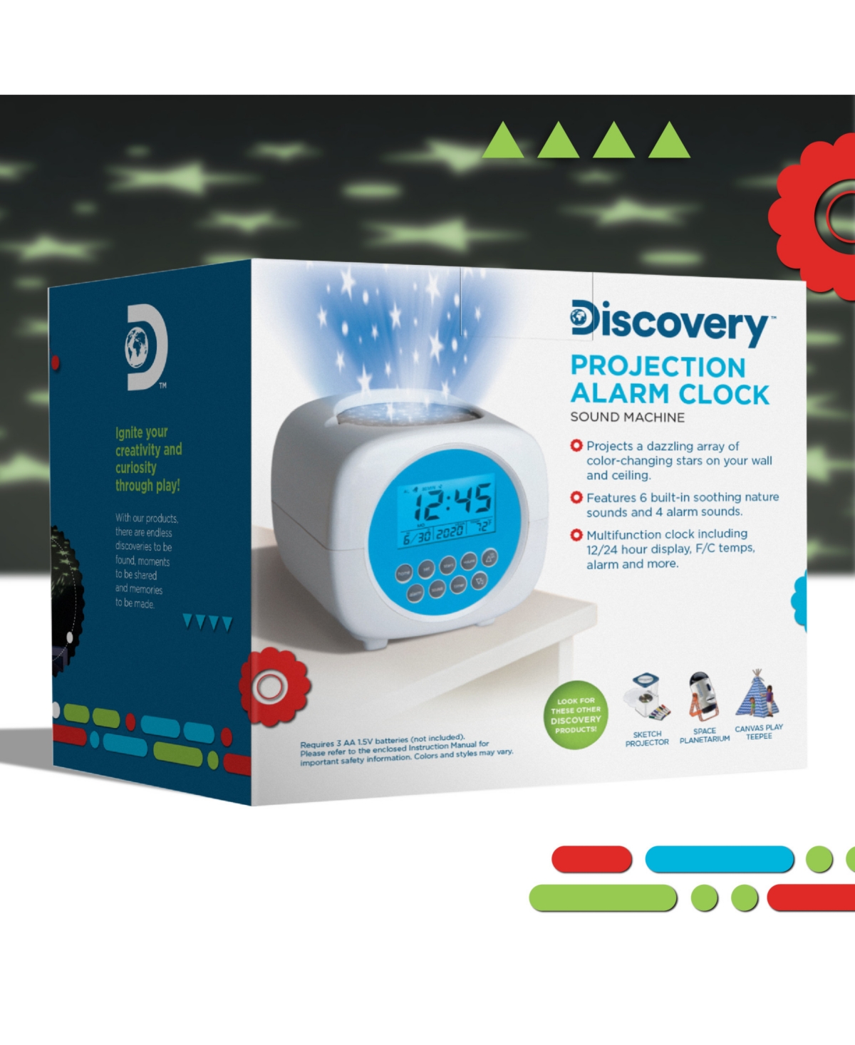 Discovery Moon & Stars Projection Alarm Clock & Sound Machine In White