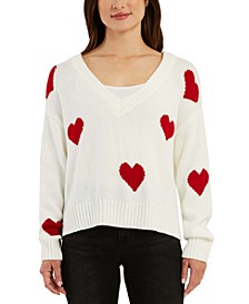 Juniors' V-Neck Long Sleeve Heart Sweater 