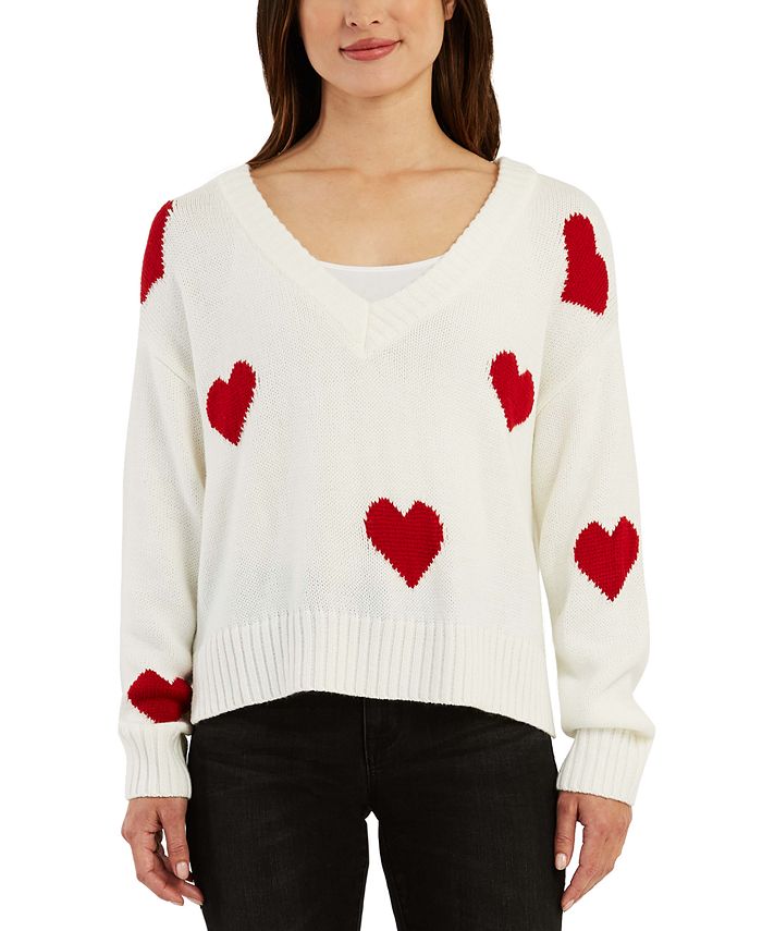 BCX Juniors' V-Neck Long Sleeve Heart Sweater - Macy's
