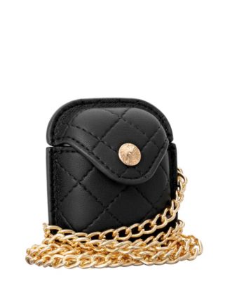 Women's Black Faux Leather Quilted Case with Crossbody Chain designed for AirPods®