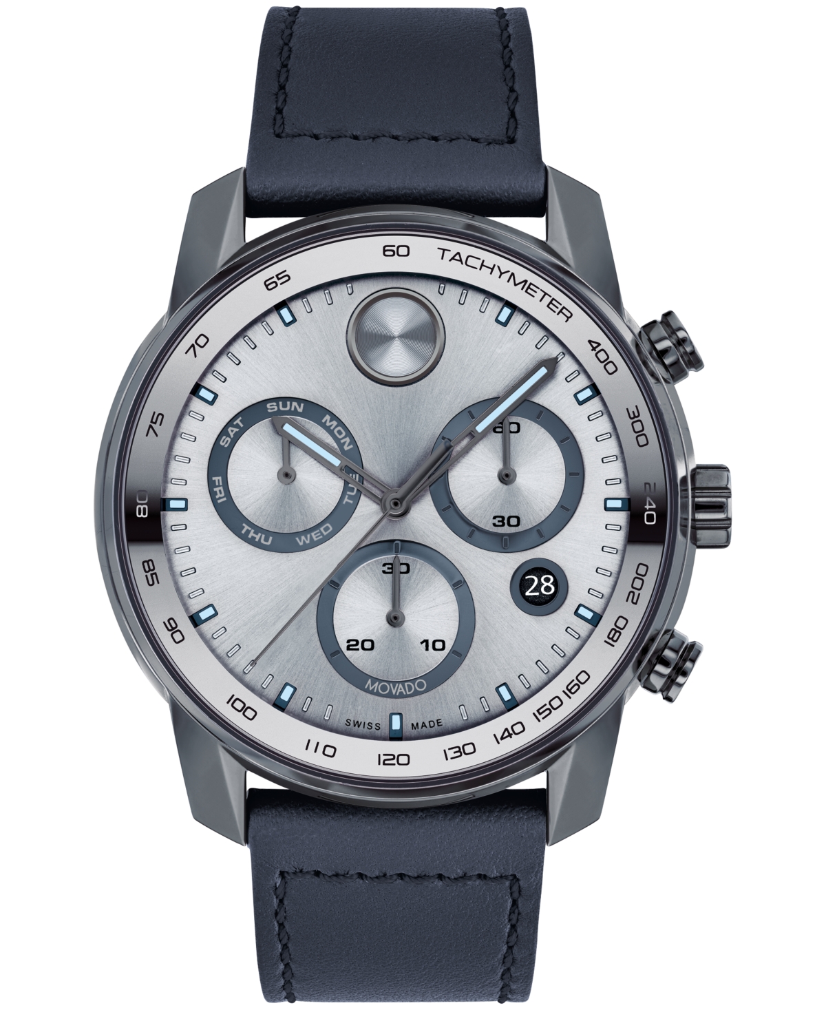 Men's Bold Verso Swiss Quartz Chronograph Navy Genuine Leather Strap Watch 44mm - Blue