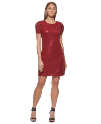 DKNY Ruched Short-Sleeve Sequin Dress - Macy's