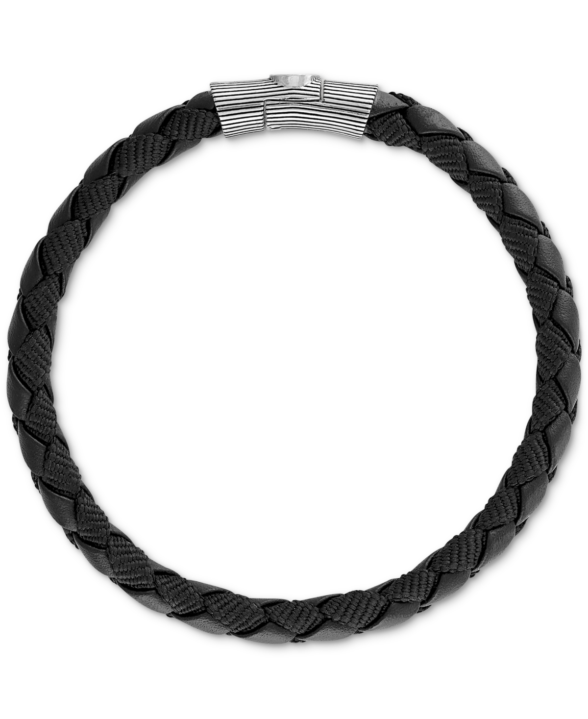 Esquire Men's Jewelry Black Leather Woven Bracelet in Sterling Silver (Also in Brown Leather & Blue Leather), Created for Macy's