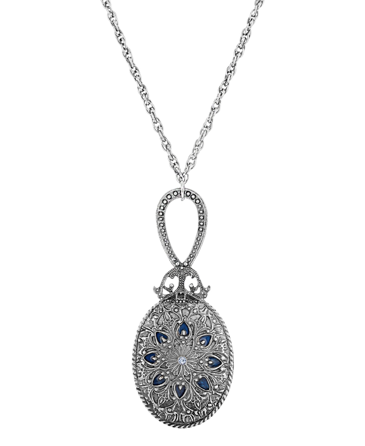 2028 Silver-tone, Pewter Oval Mirror With Blue Enamel And Light Sapphire Necklace
