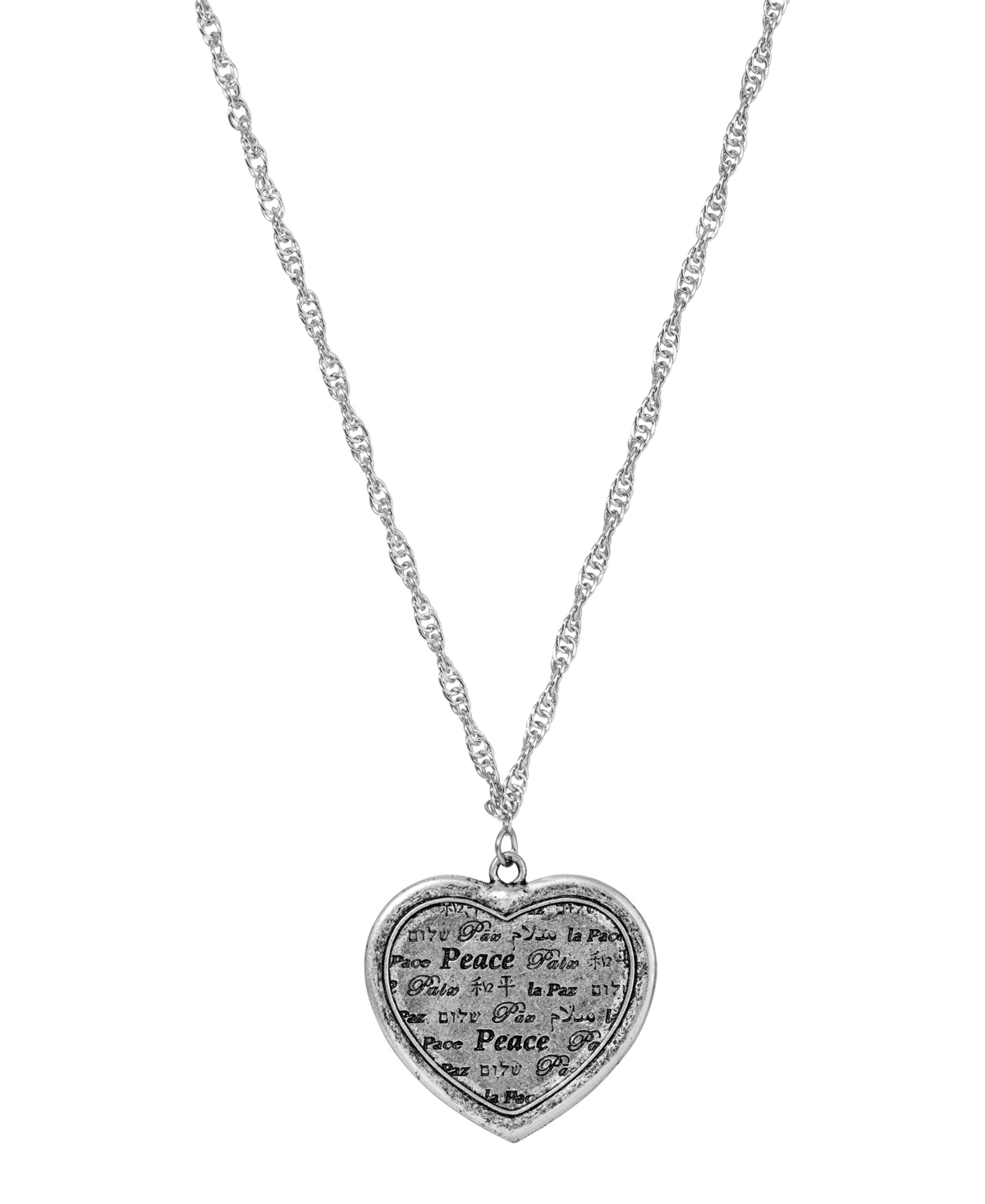 2028 Pewter Multilingual Peace Heart Medallion Necklace In No Color