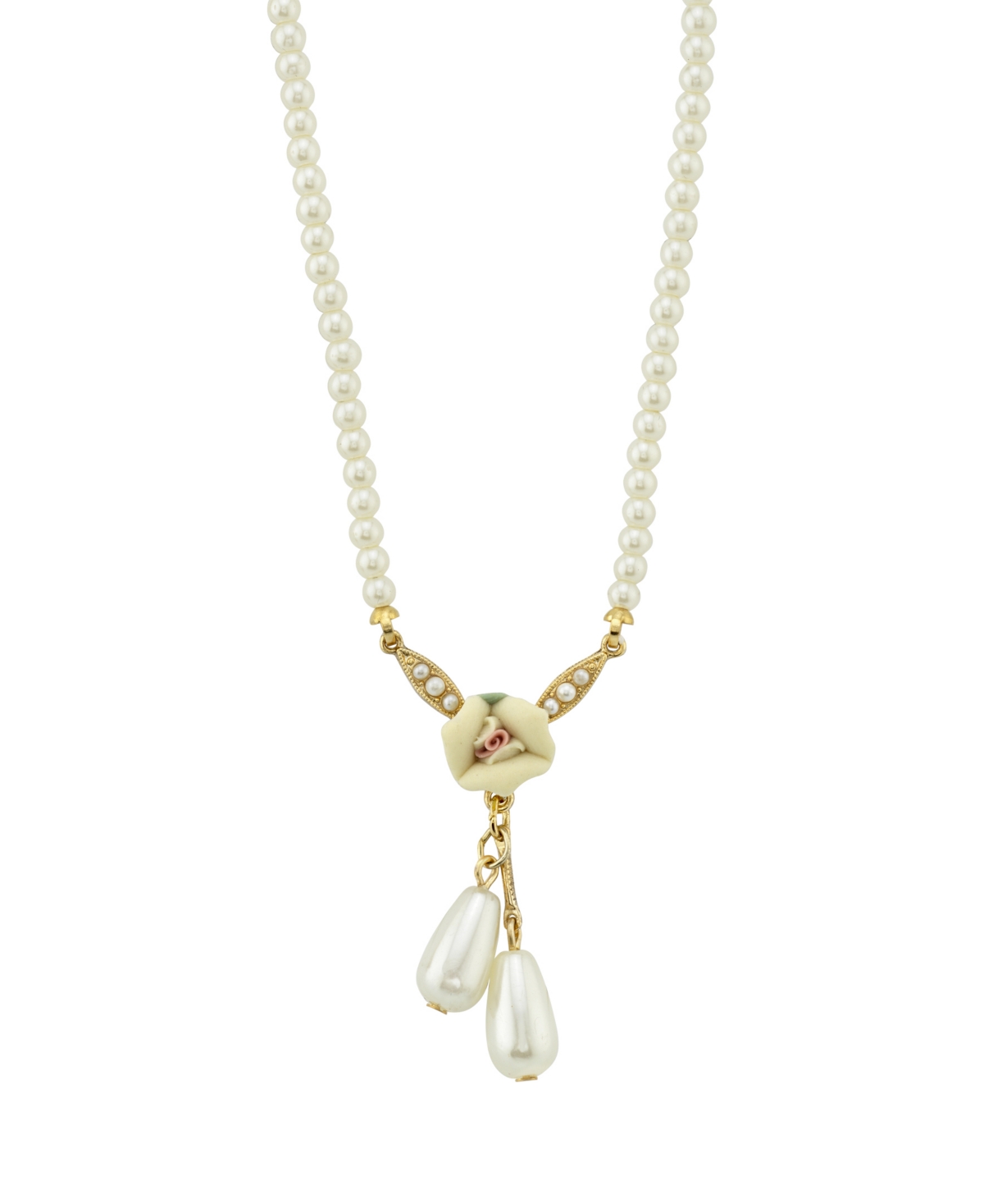 2028 Gold-tone Porcelain Rose And Imitation Pearl Drop Necklace In White