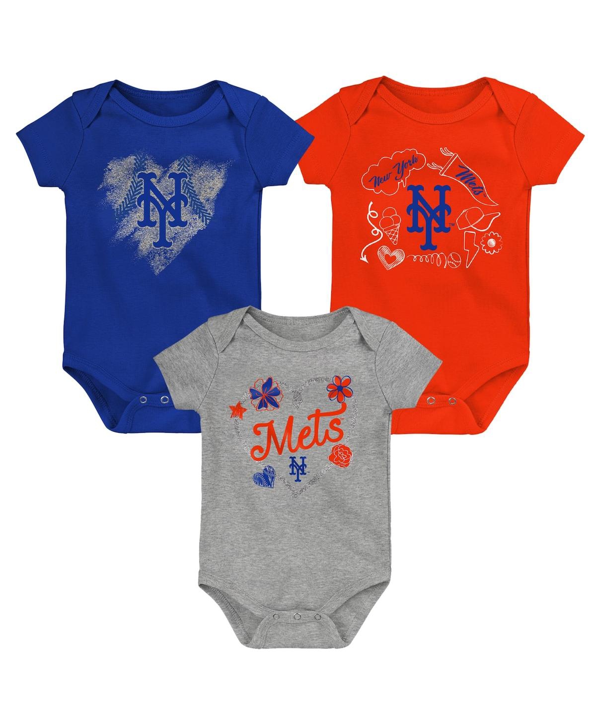 Shop Outerstuff Infant Boys And Girls Royal, Orange, Gray New York Mets Batter Up 3-pack Bodysuit Set In Royal,orange,gray
